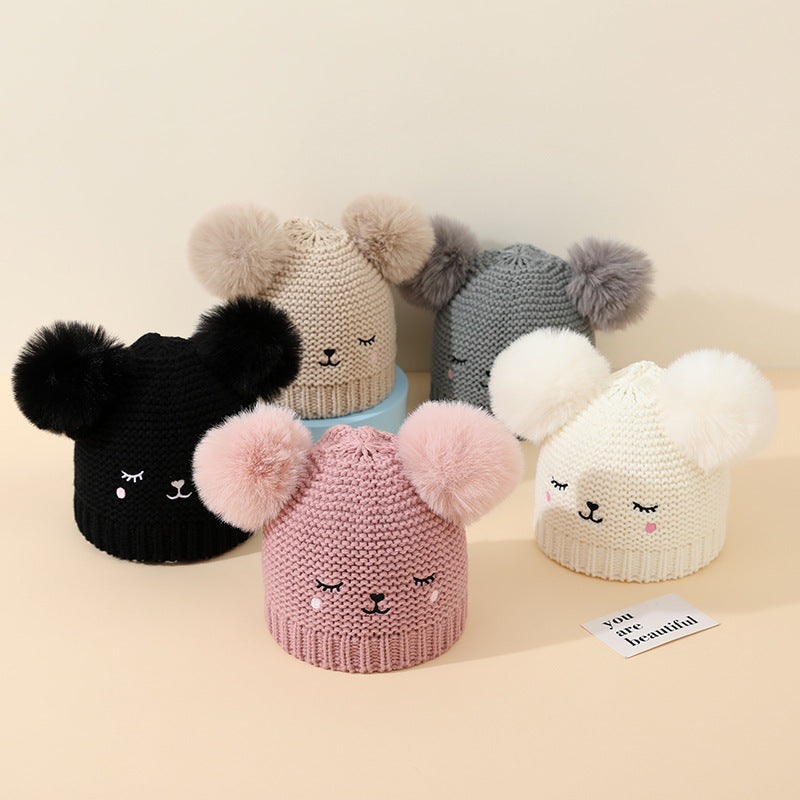 Baby Knitted Winter Hat with Bear Pompoms