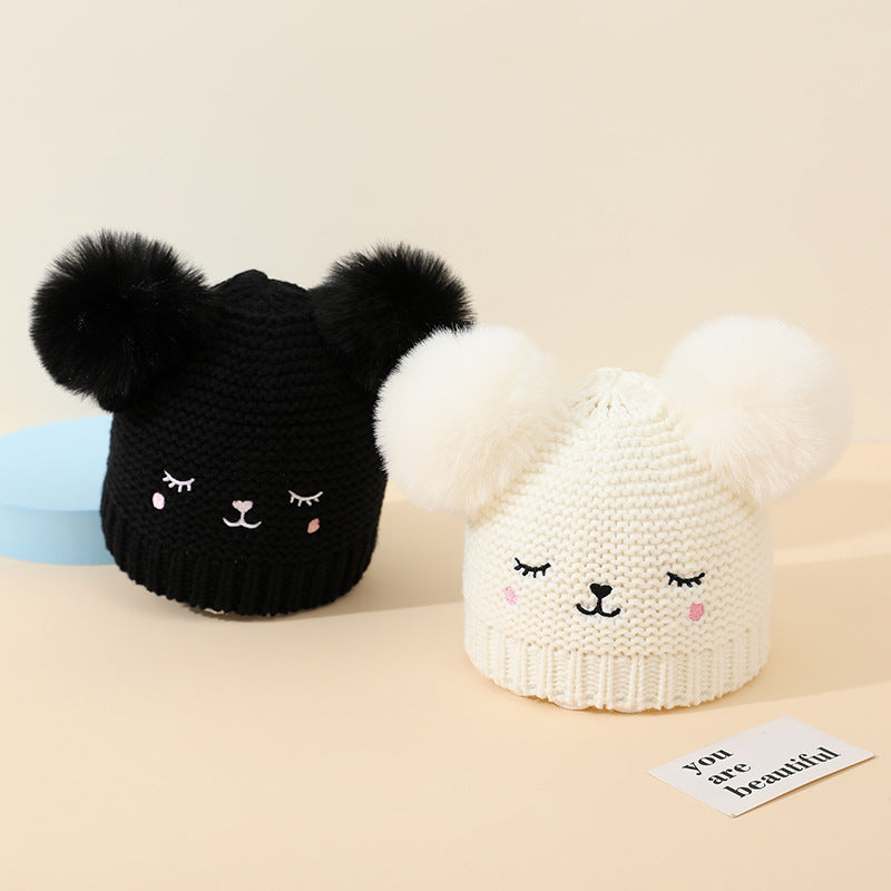 Baby Knitted Winter Hat with Bear Pompoms