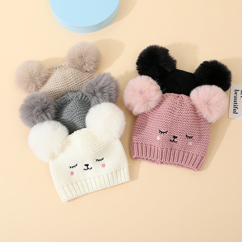 Baby Knitted Winter Hat with Bear Pompoms