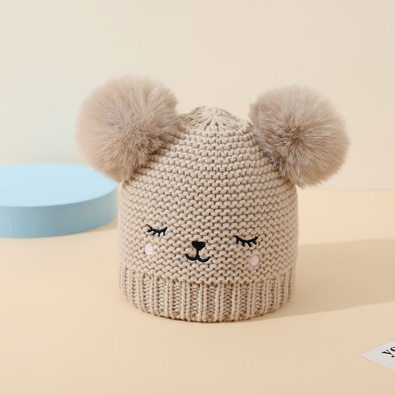 Baby Knitted Winter Hat with Bear Pompoms